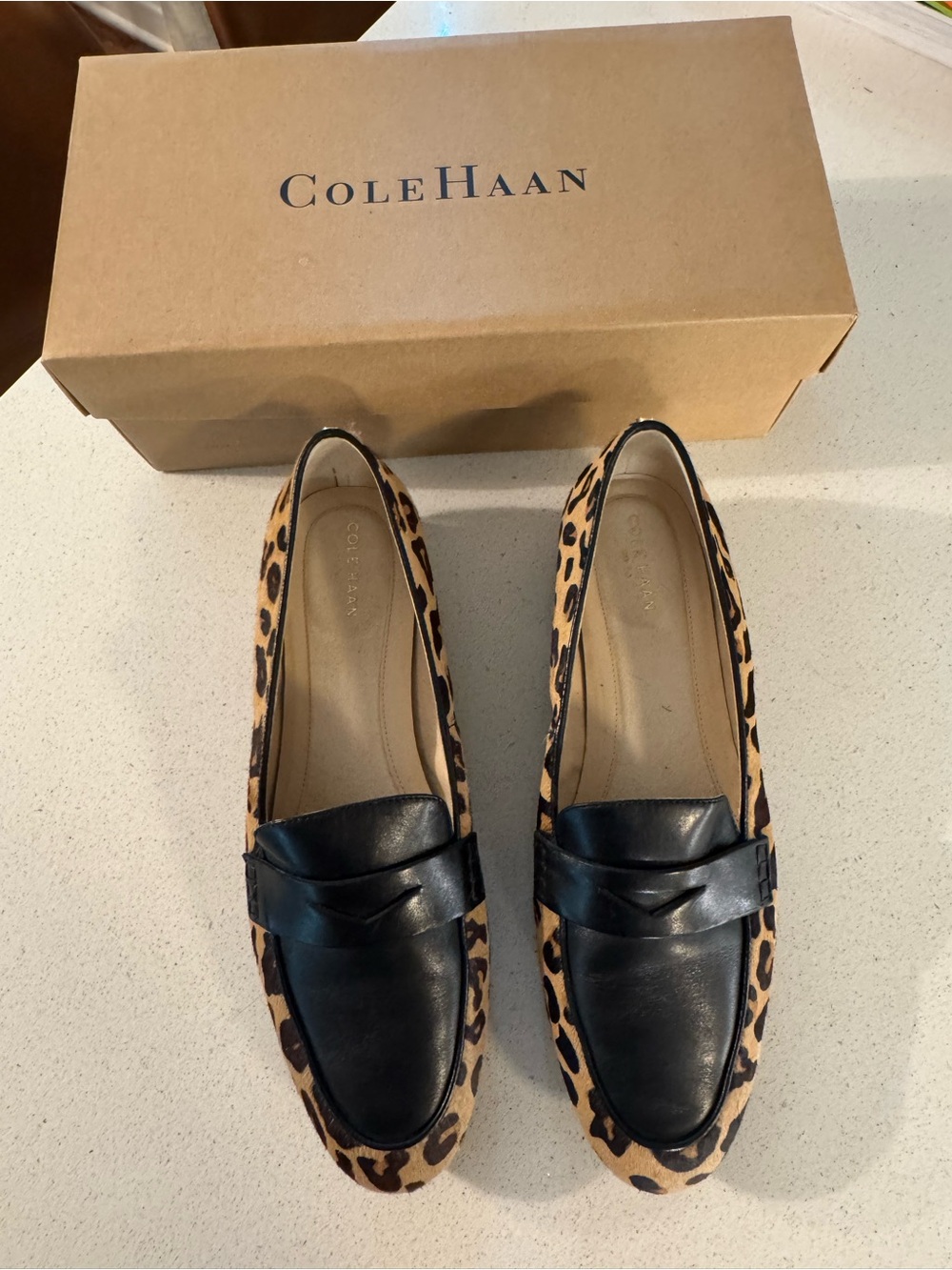 Cole Haan Leopard-Accent Leather Penny Loafers in Black and Tan
